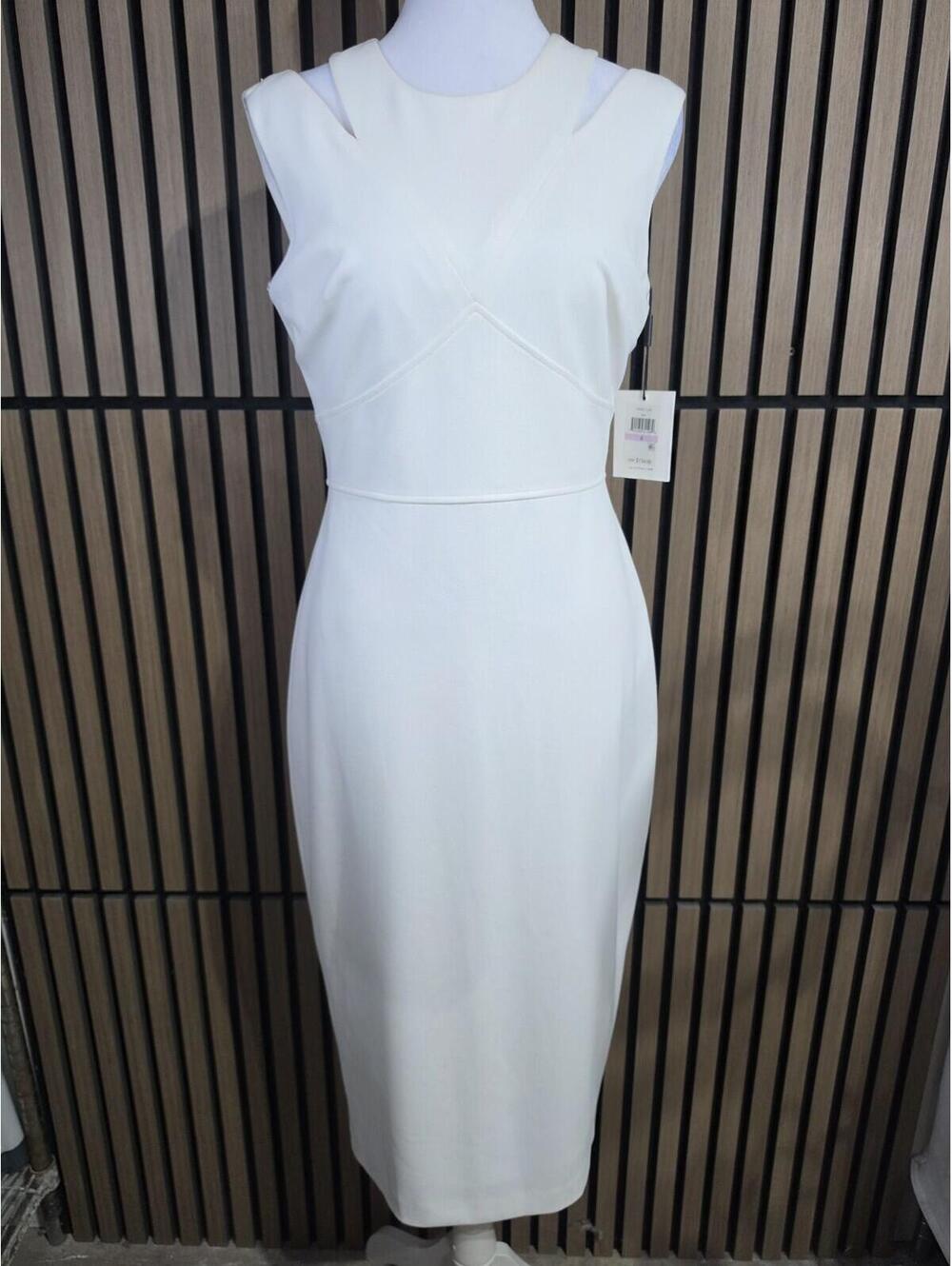 Calvin Klein White Knit Sheath Dress 6 V-Neck Sleeveless Knee Length Zip